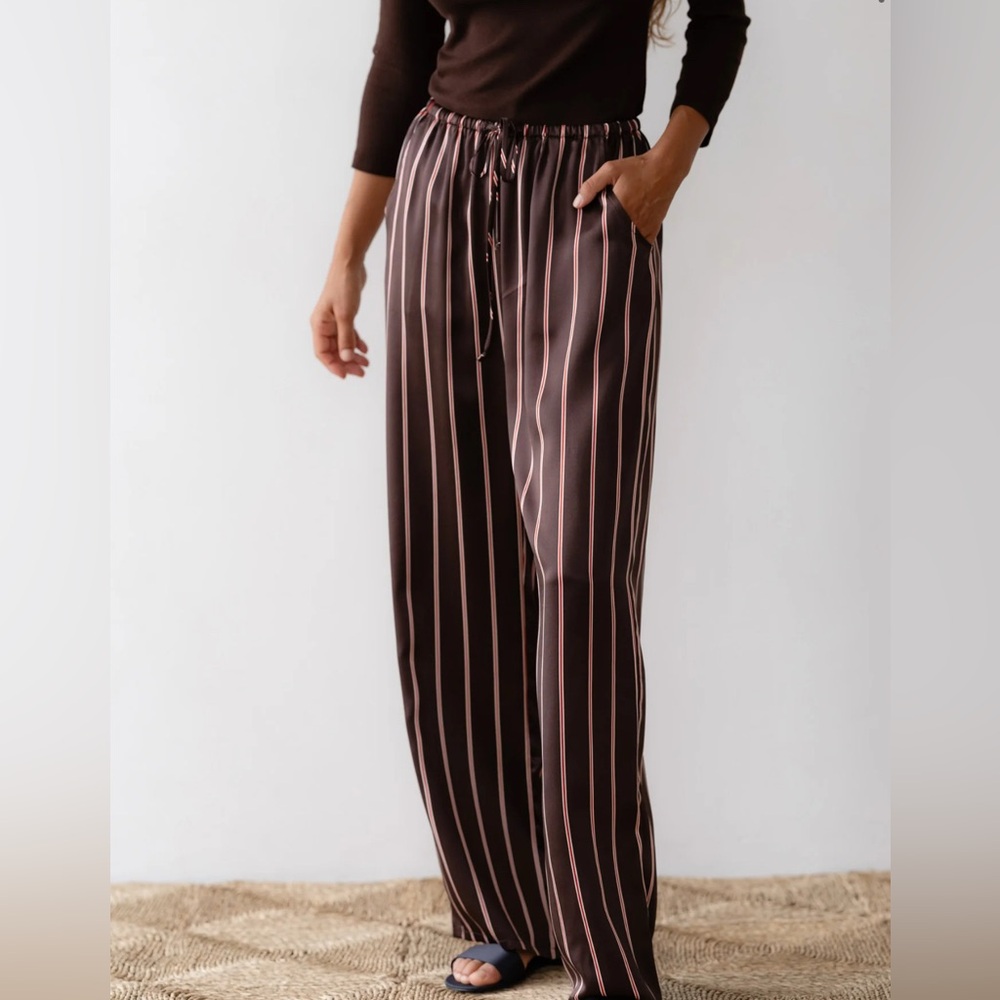 DONNI. Wide-Leg Striped Lounge Pants in Brown with Pink Stripes
